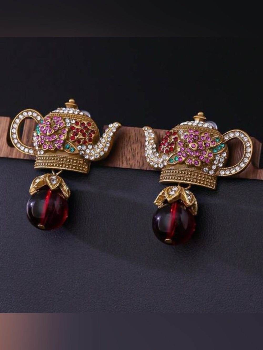 Gold Teapots Rhinestone Drop Earrings with Red Bead Accents